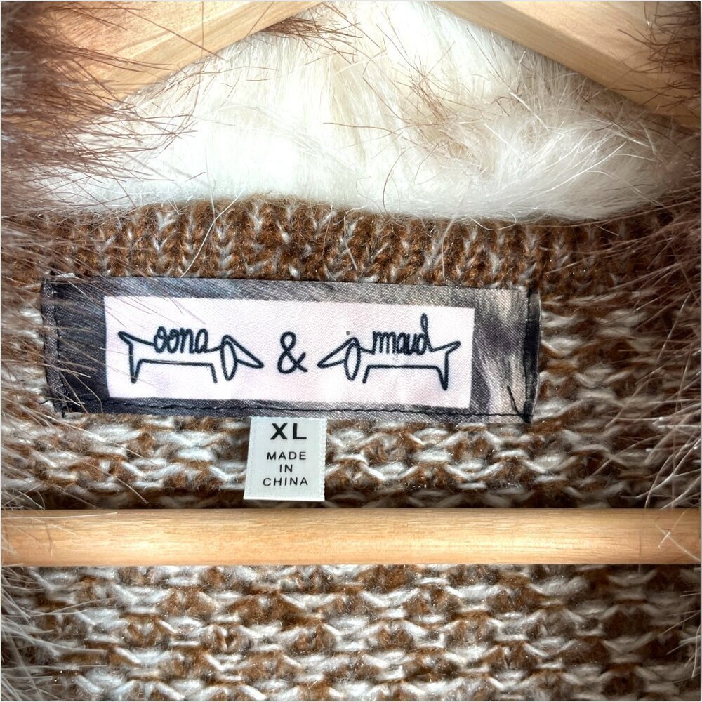 Oona & Maud Belted Cardigan XL Removable Faux Fur Trim Brown *SEE NOTES* - Picture 4 of 11
